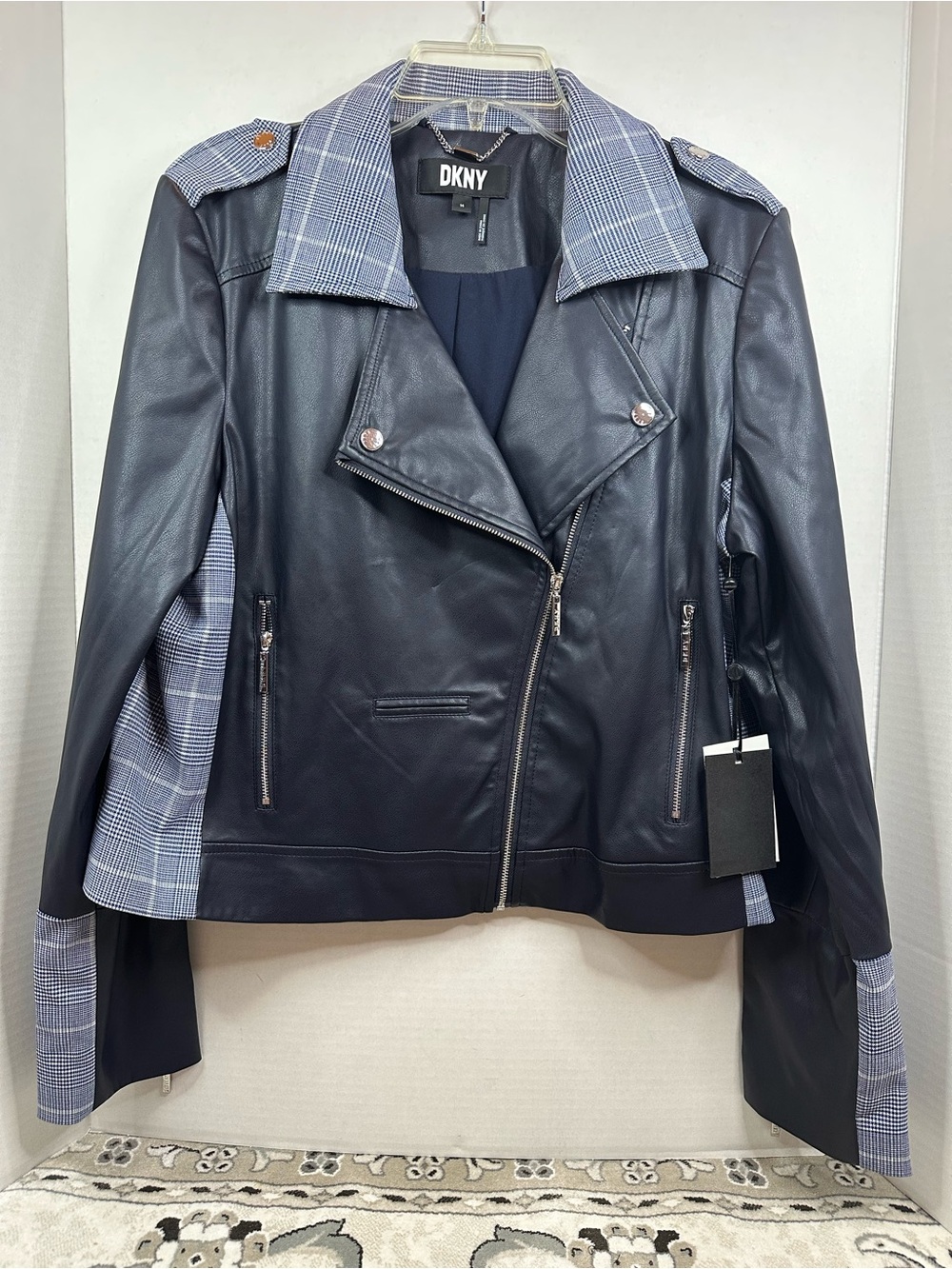 DKNY Black Leather Moto Jacket with Blue Plaid Trim, size 14